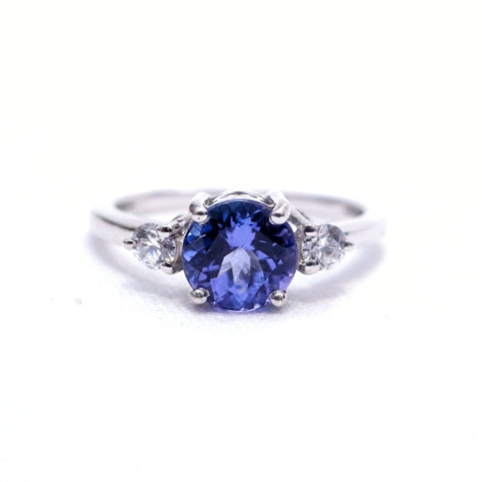 Classic Round Tanzanite and Moissanite Three stone ring