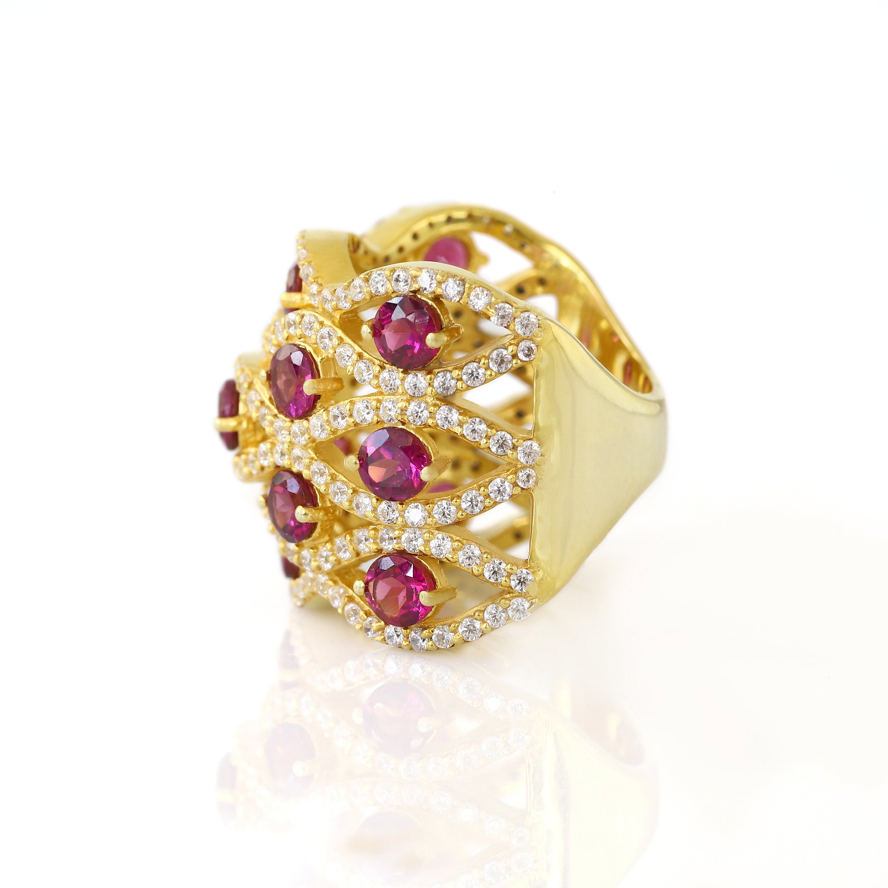 Nature Inspired Round Rhodolite and Diamond Filigree Ring