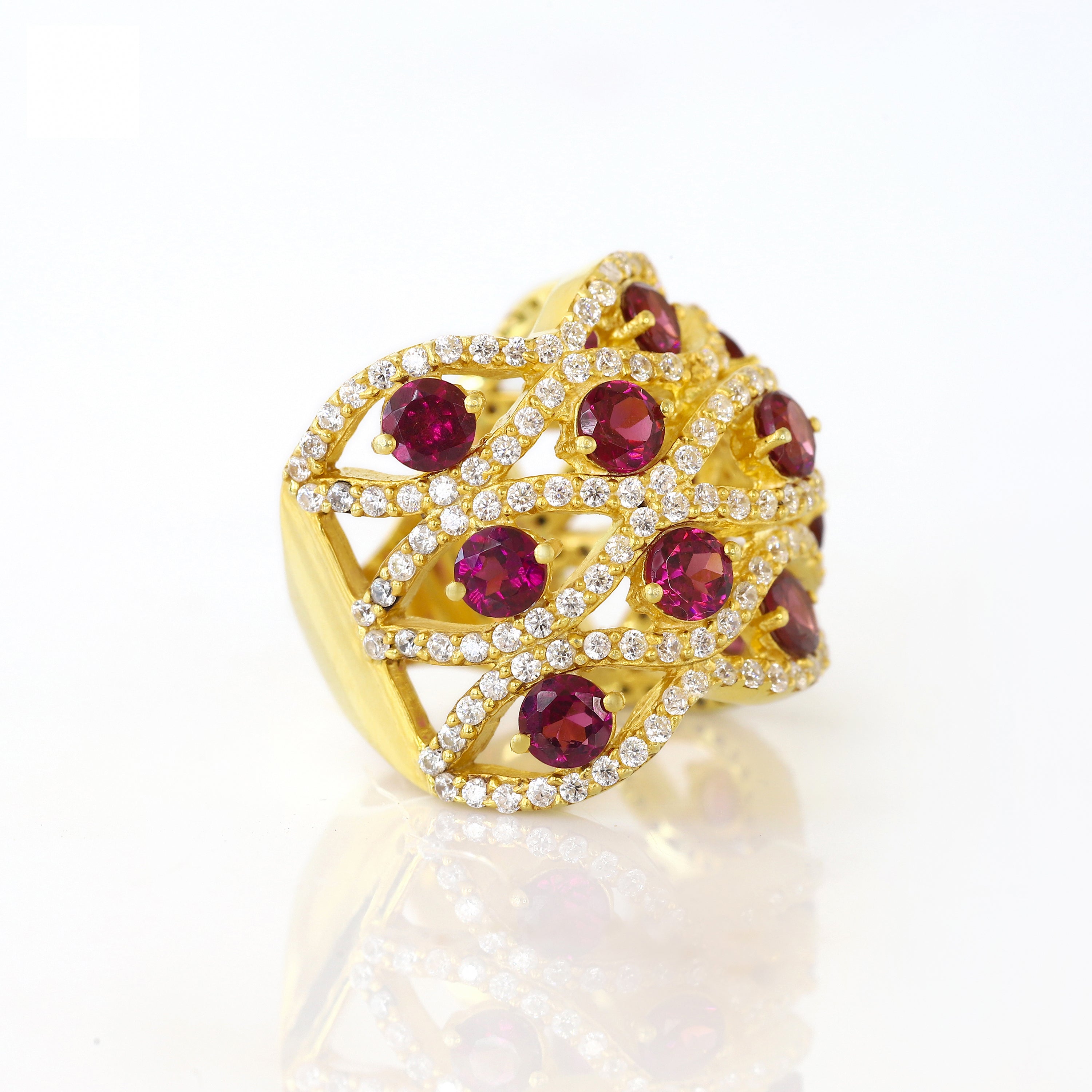 Nature Inspired Round Rhodolite and Diamond Filigree Ring