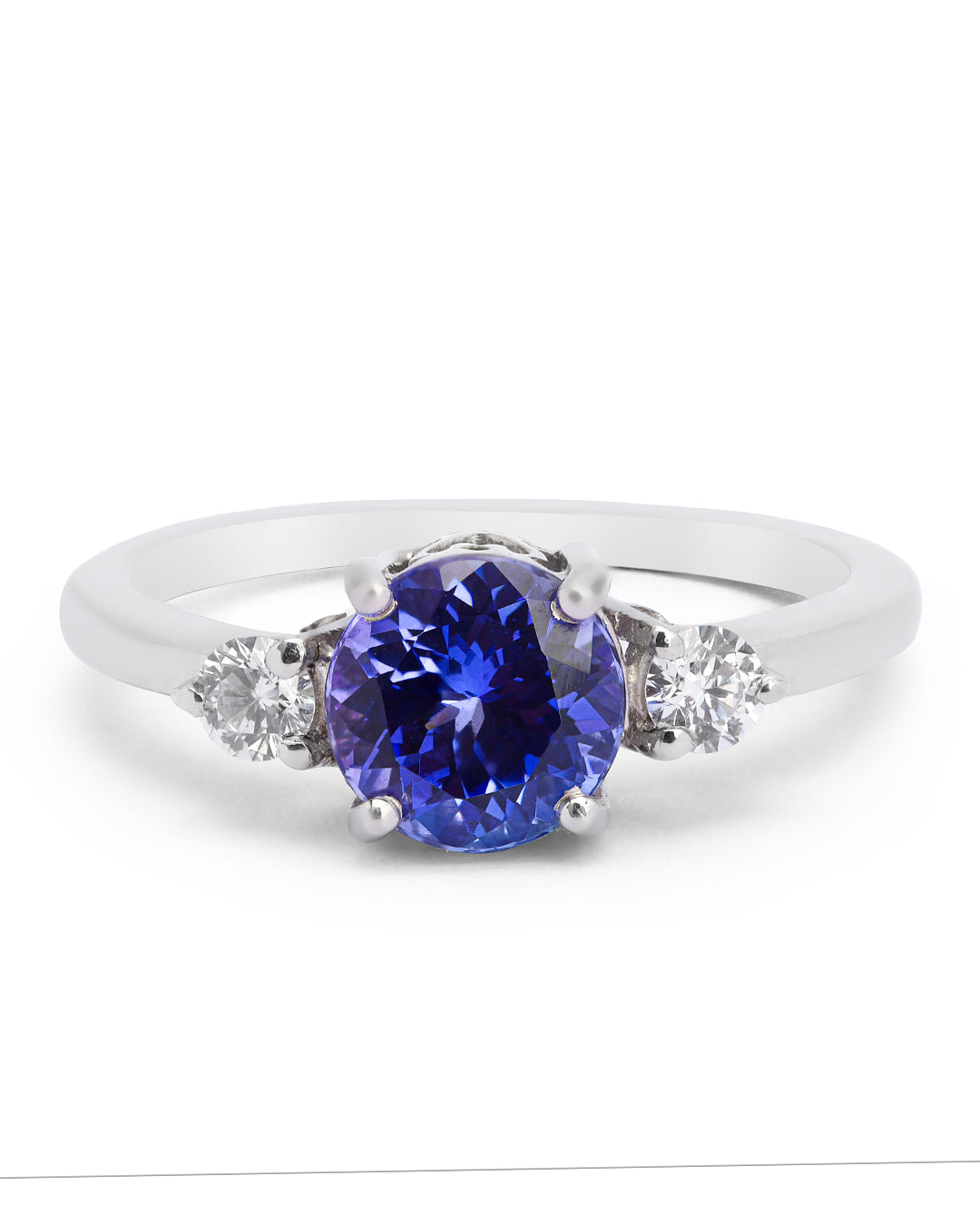 Classic Round Tanzanite and Moissanite Three stone ring