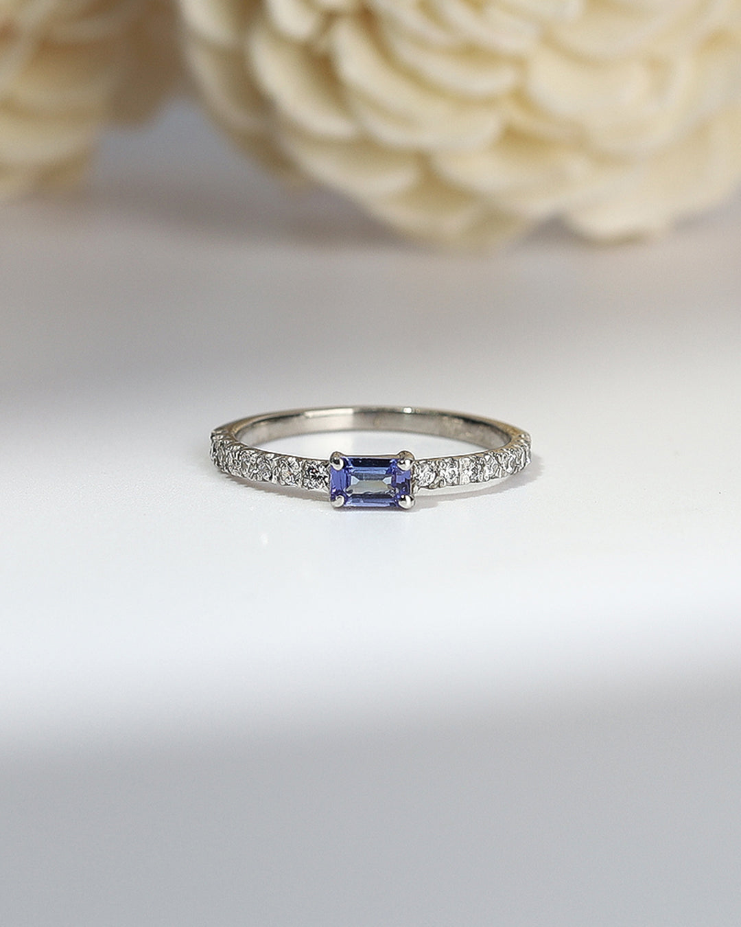 Dainty Baguette Tanzanite Ring with Moissanite