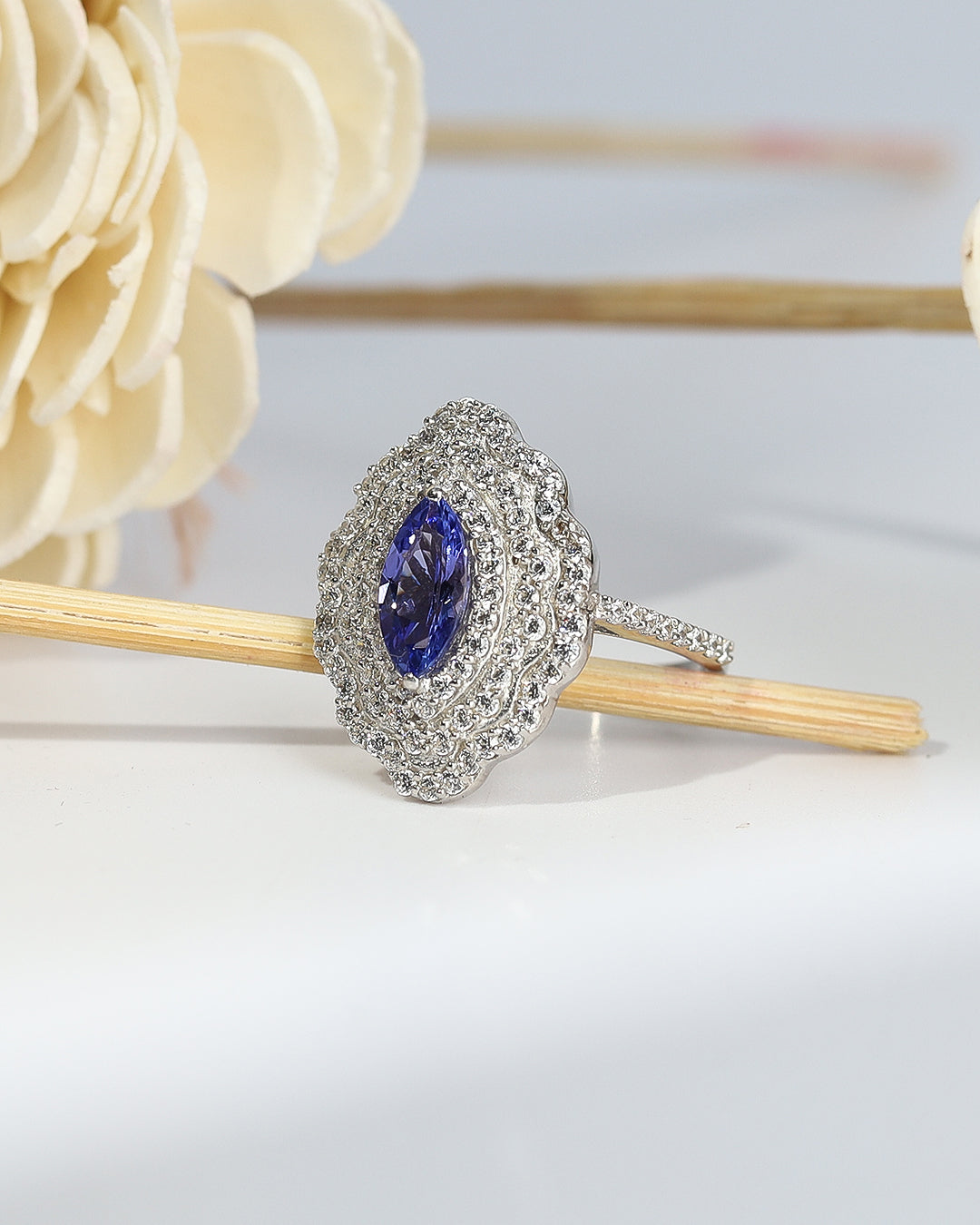 Marquise Tanzanite with  Valley Moissanite Halo