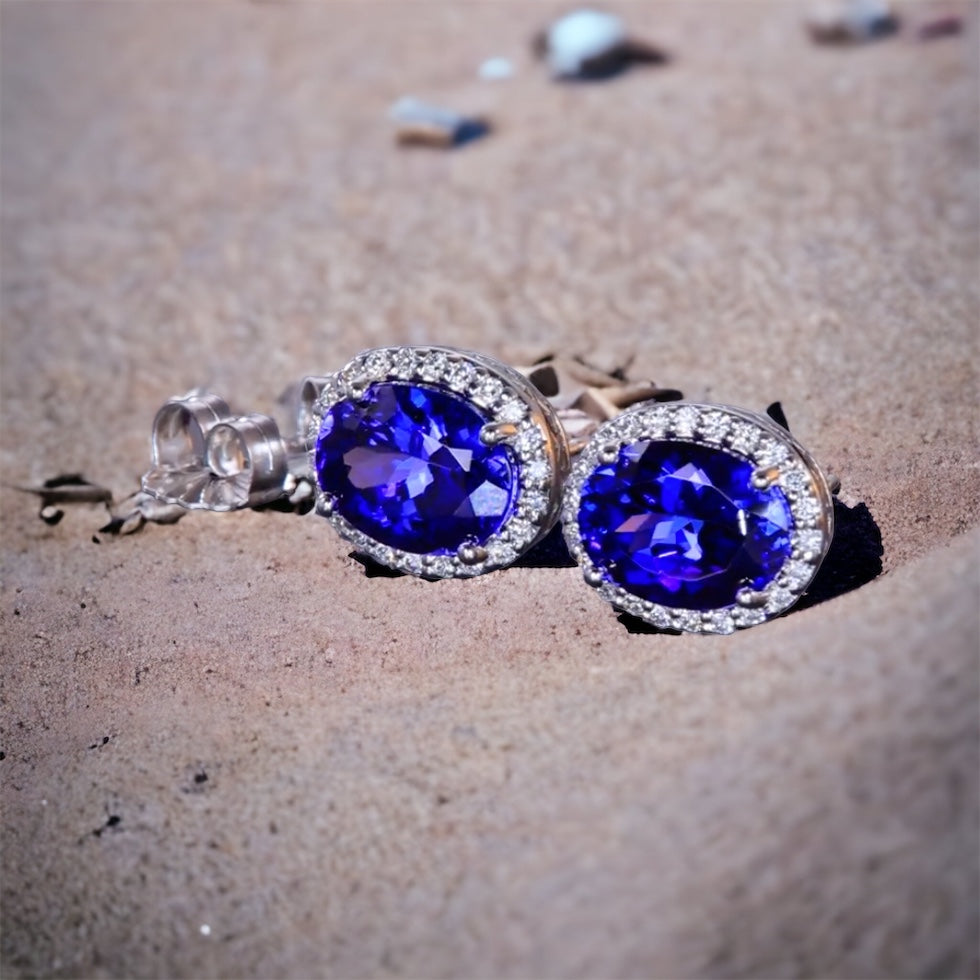 Oval Tanzanite Studs with Diamond Halo