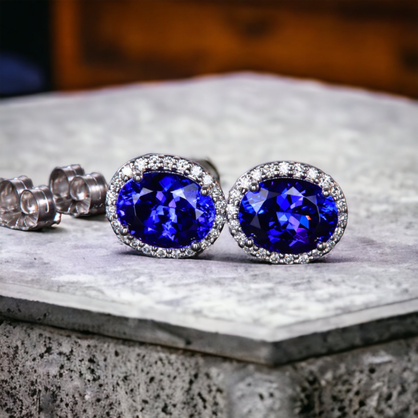 Oval Tanzanite Studs with Diamond Halo