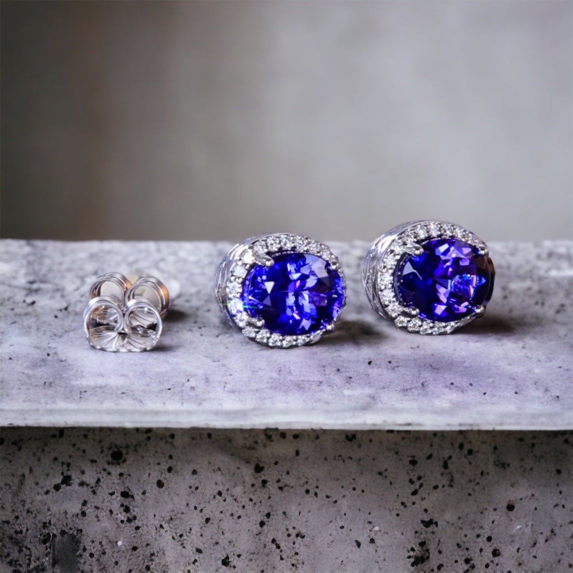 Oval Tanzanite Studs with Diamond Halo