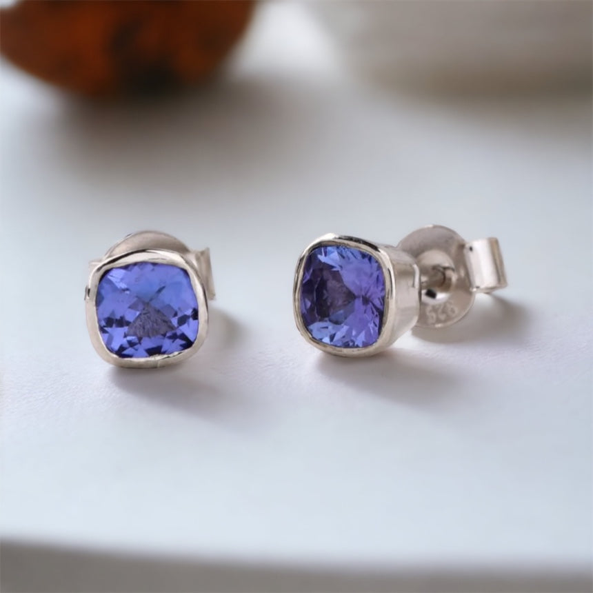 Bezel set Cushion Tanzanite Solitaire stud earrings