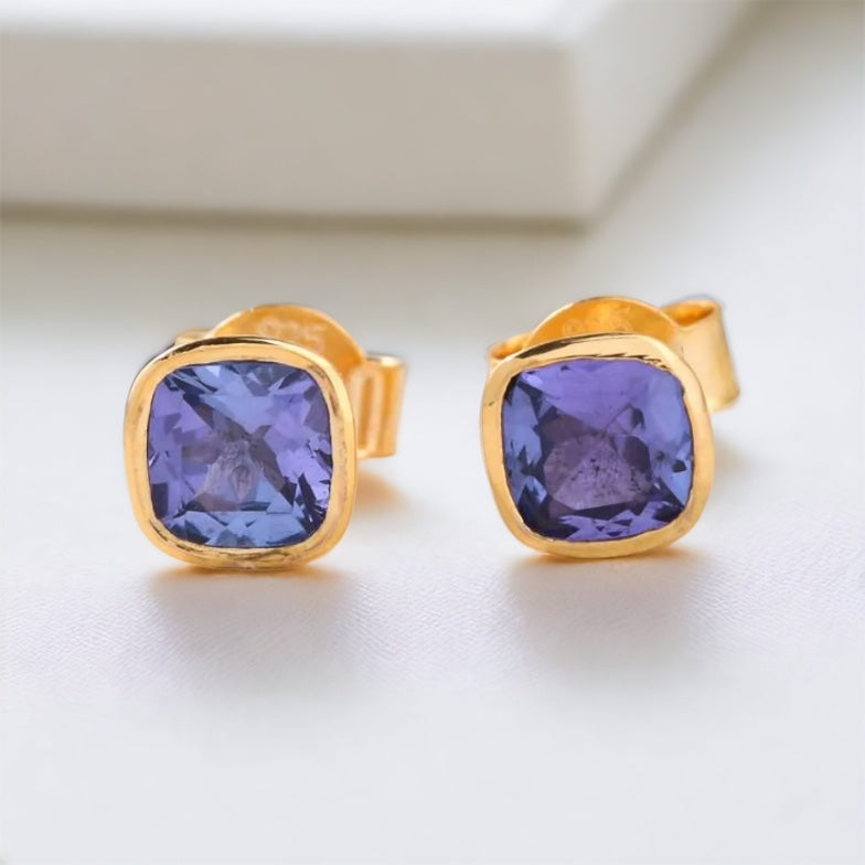 Bezel set Cushion Tanzanite Solitaire stud earrings