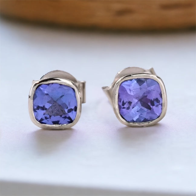 Bezel set Cushion Tanzanite Solitaire stud earrings