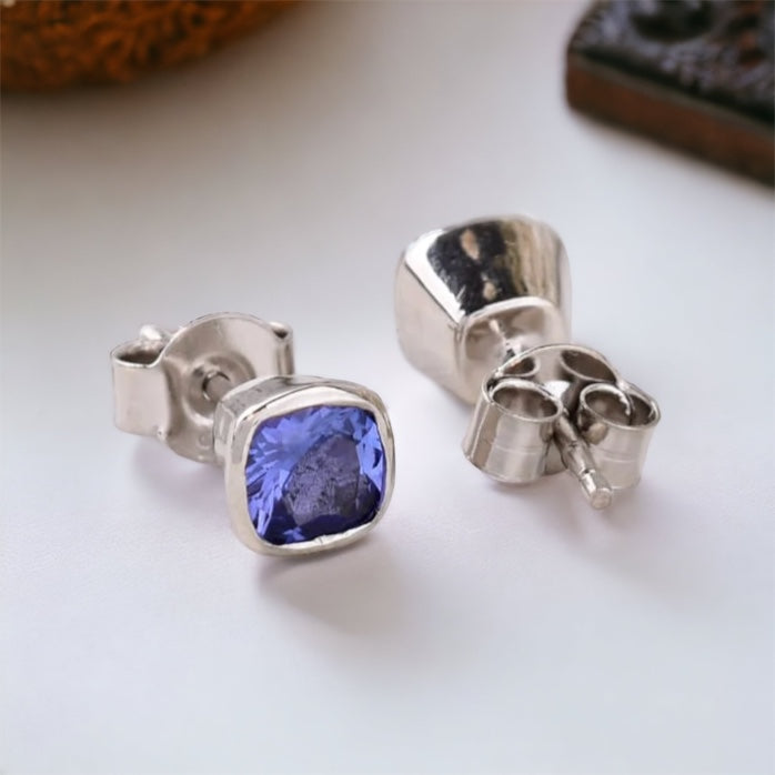 Bezel set Cushion Tanzanite Solitaire stud earrings