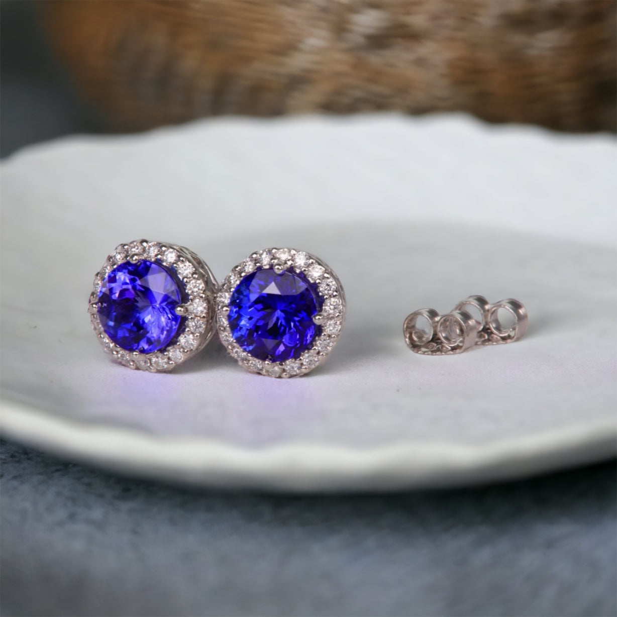 Deluxe Round Tanzanite and Moissanite stud earrings