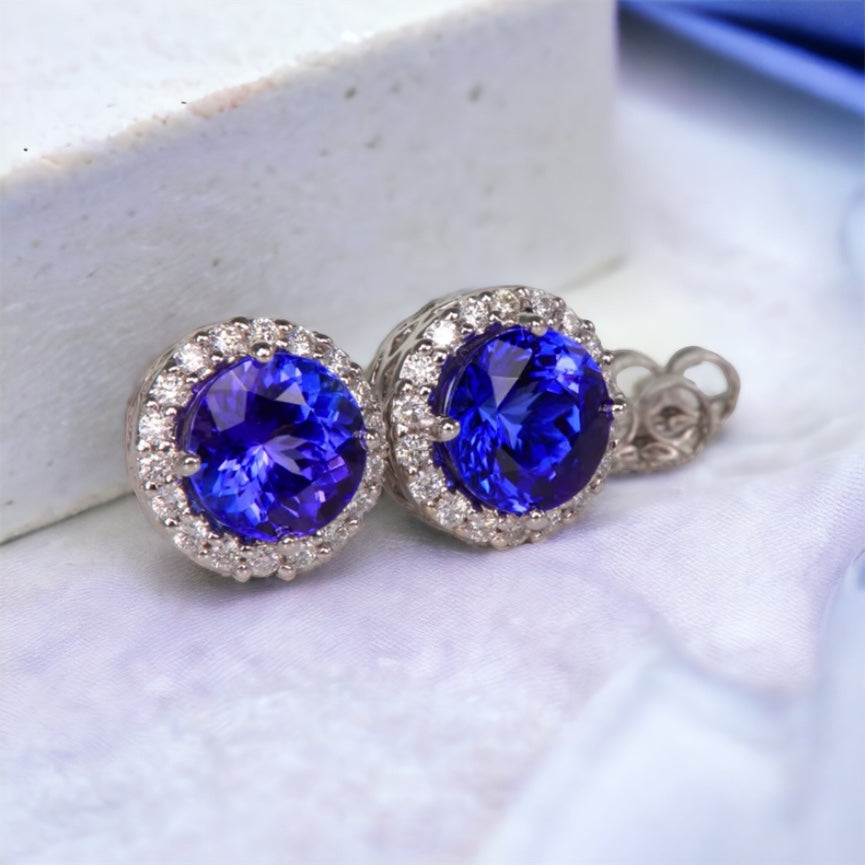 Deluxe Round Tanzanite and Moissanite stud earrings