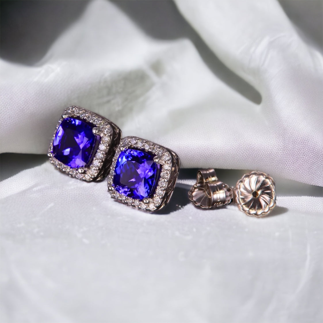 Vintage-Inspired Cushion Tanzanite Halo Stud Earrings