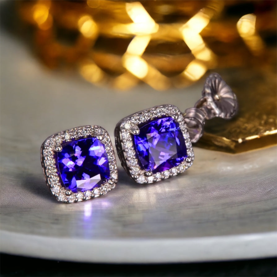 Vintage-Inspired Cushion Tanzanite Halo Stud Earrings