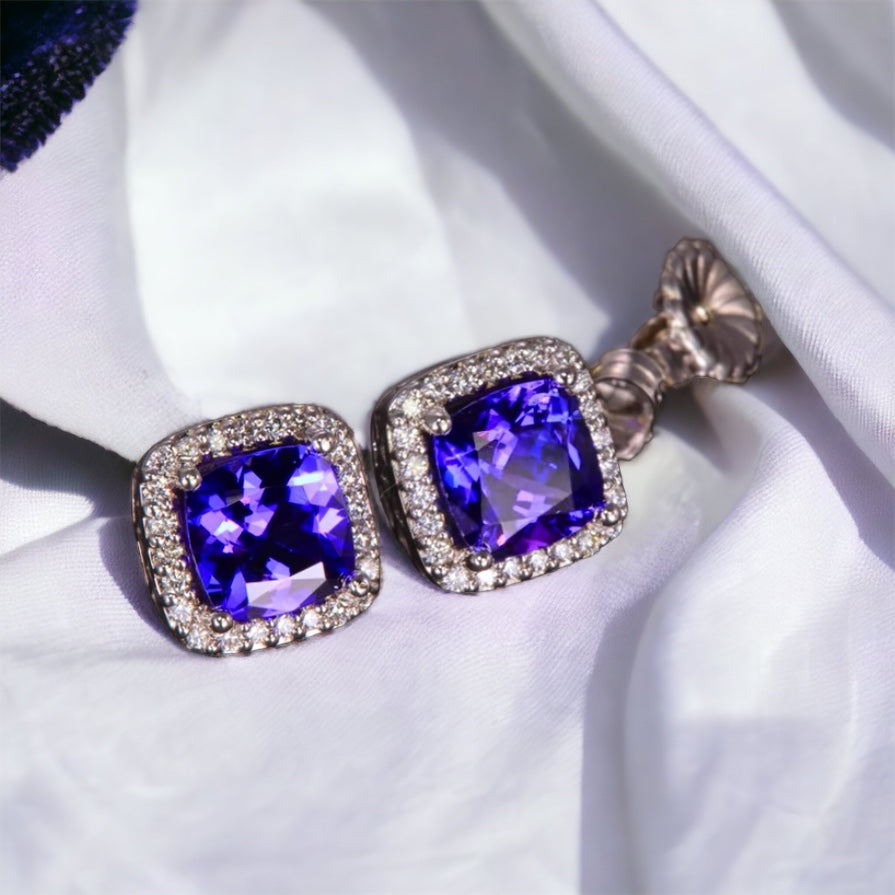 Vintage-Inspired Cushion Tanzanite Halo Stud Earrings