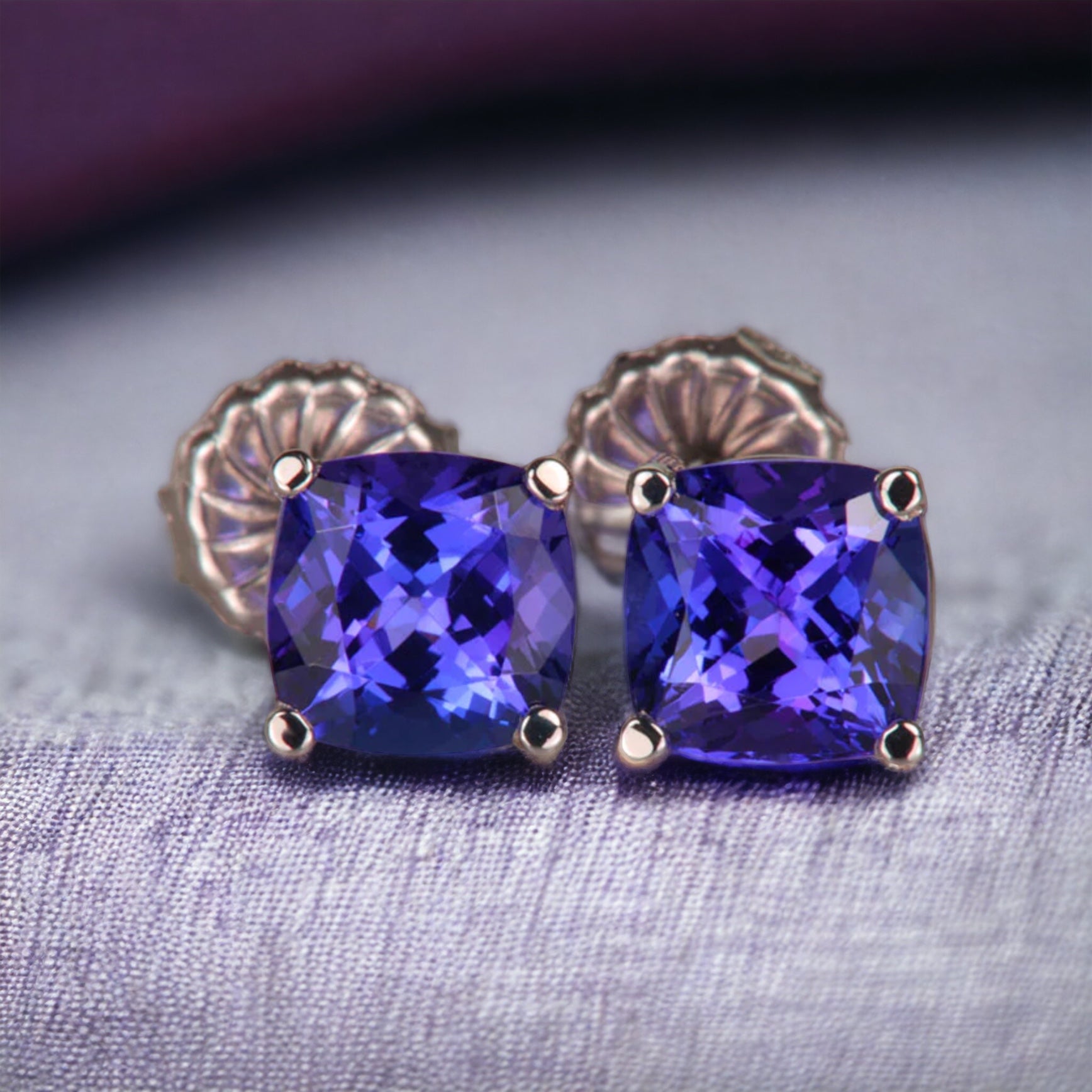 AAAA Cushion Cut Tanzanite Solitaire Studs Earrings