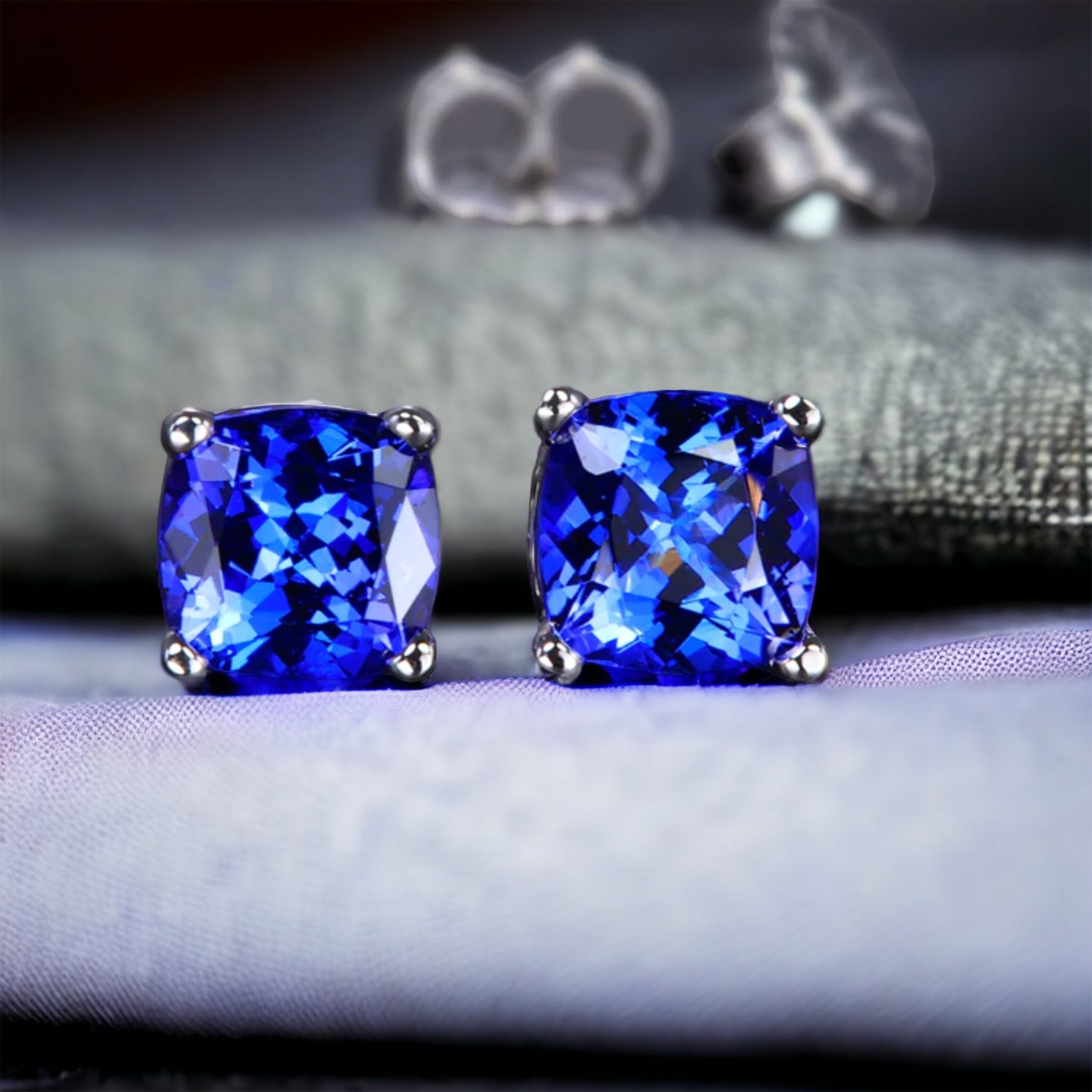 AAAA Cushion Cut Tanzanite Solitaire Studs Earrings