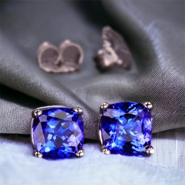 AAAA Cushion Cut Tanzanite Solitaire Studs Earrings