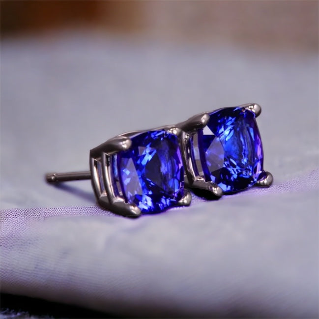 AAAA Cushion Cut Tanzanite Solitaire Studs Earrings