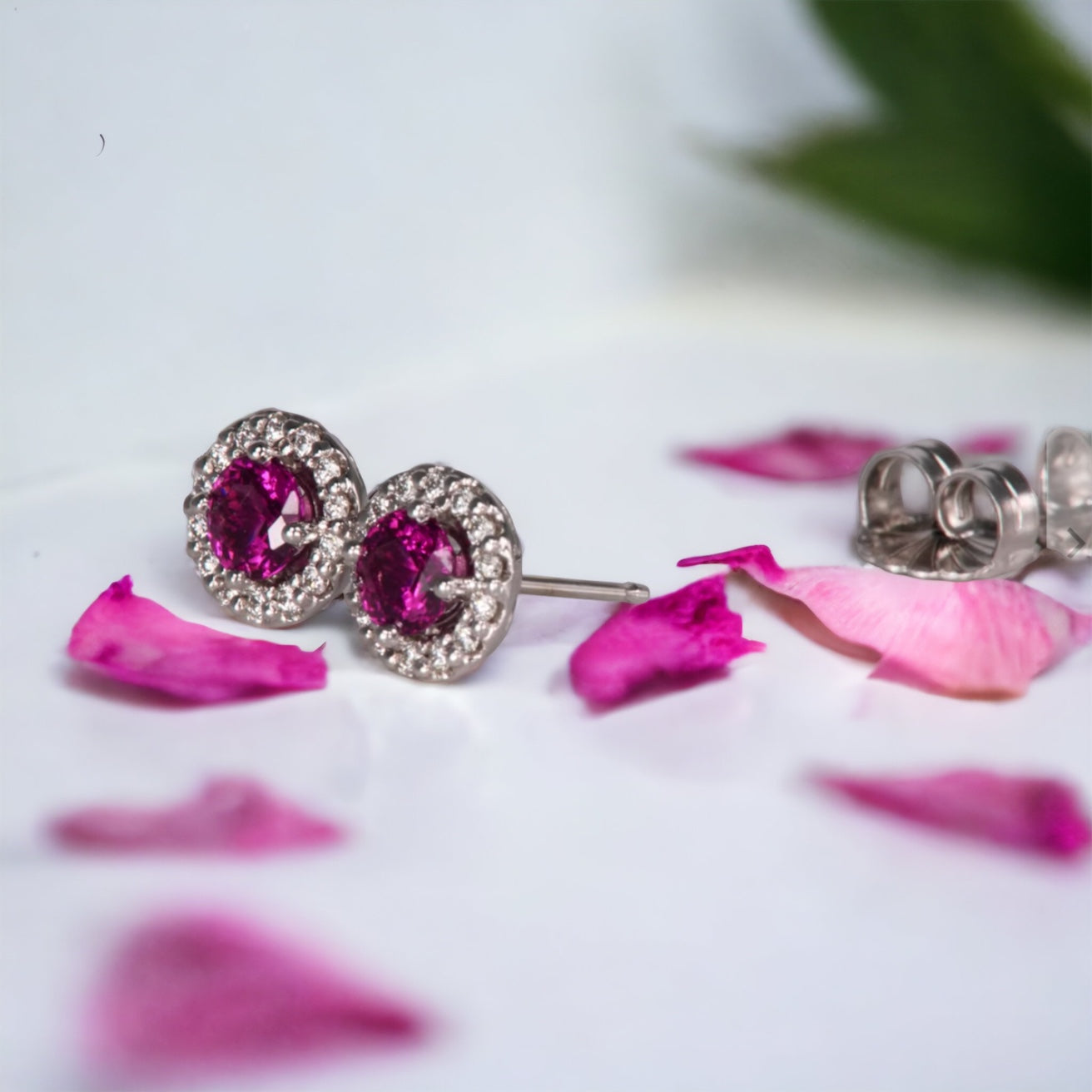 Classic Rhodolite and Moissanite Halo Stud Earring