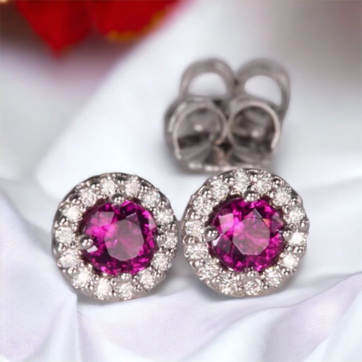 Classic Rhodolite and Moissanite Halo Stud Earring