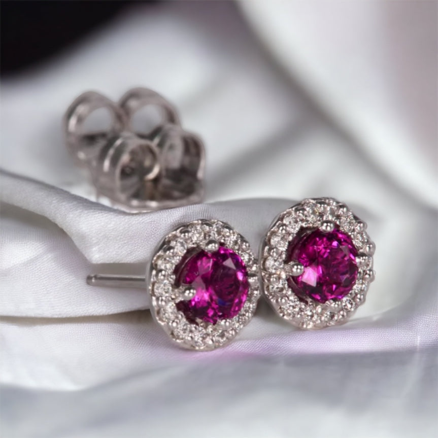 Classic Rhodolite and Moissanite Halo Stud Earring