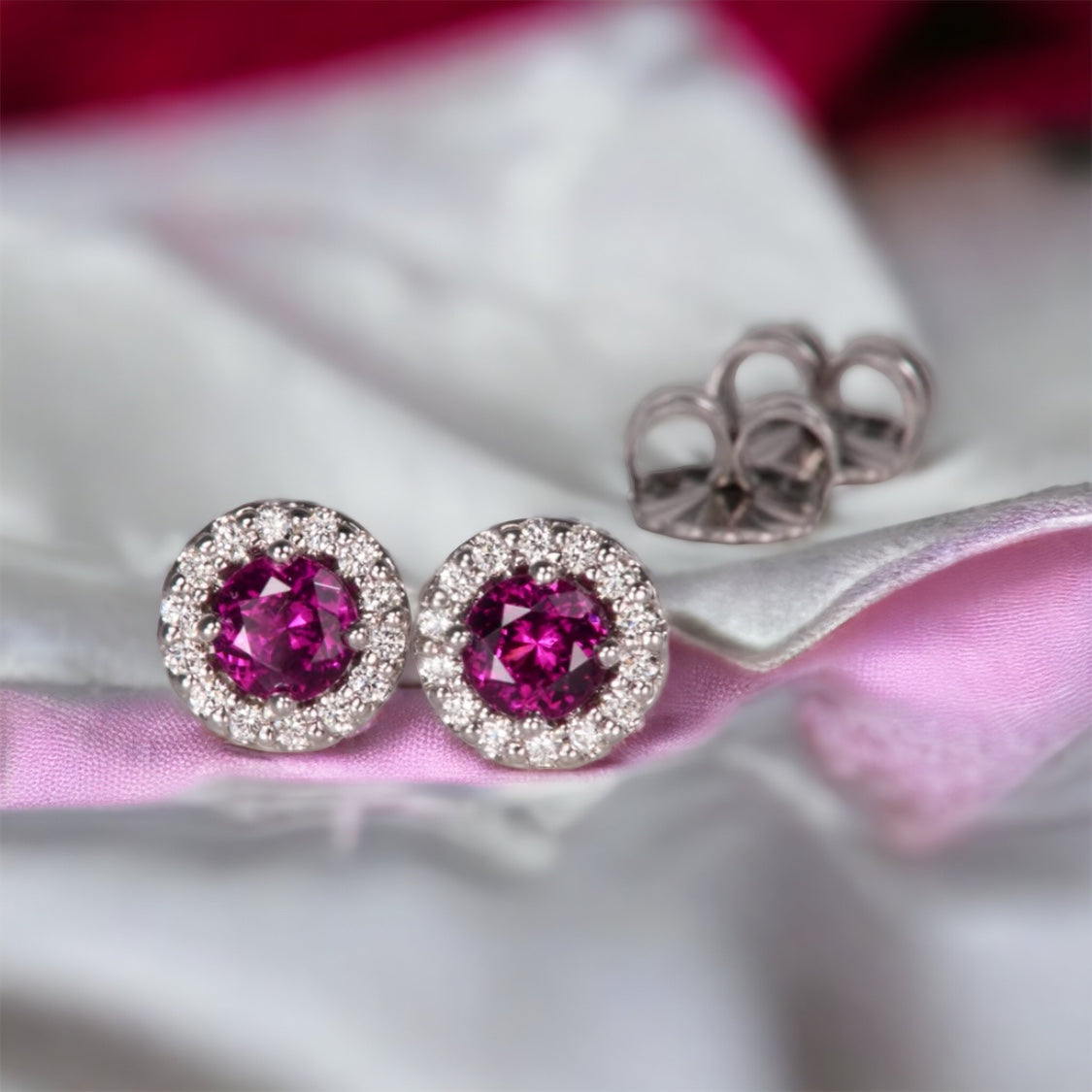 Classic Rhodolite and Moissanite Halo Stud Earring