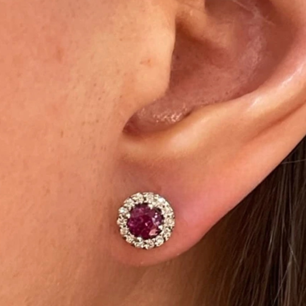 Classic Rhodolite and Moissanite Halo Stud Earring