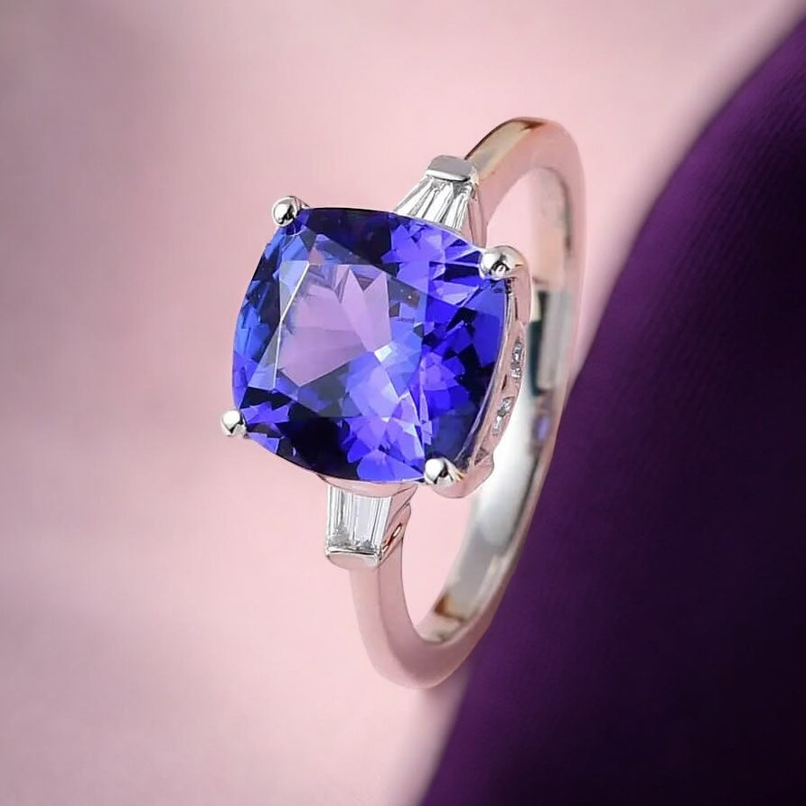 Classic Cushion Tanzanite and Moissanite Three stone ring