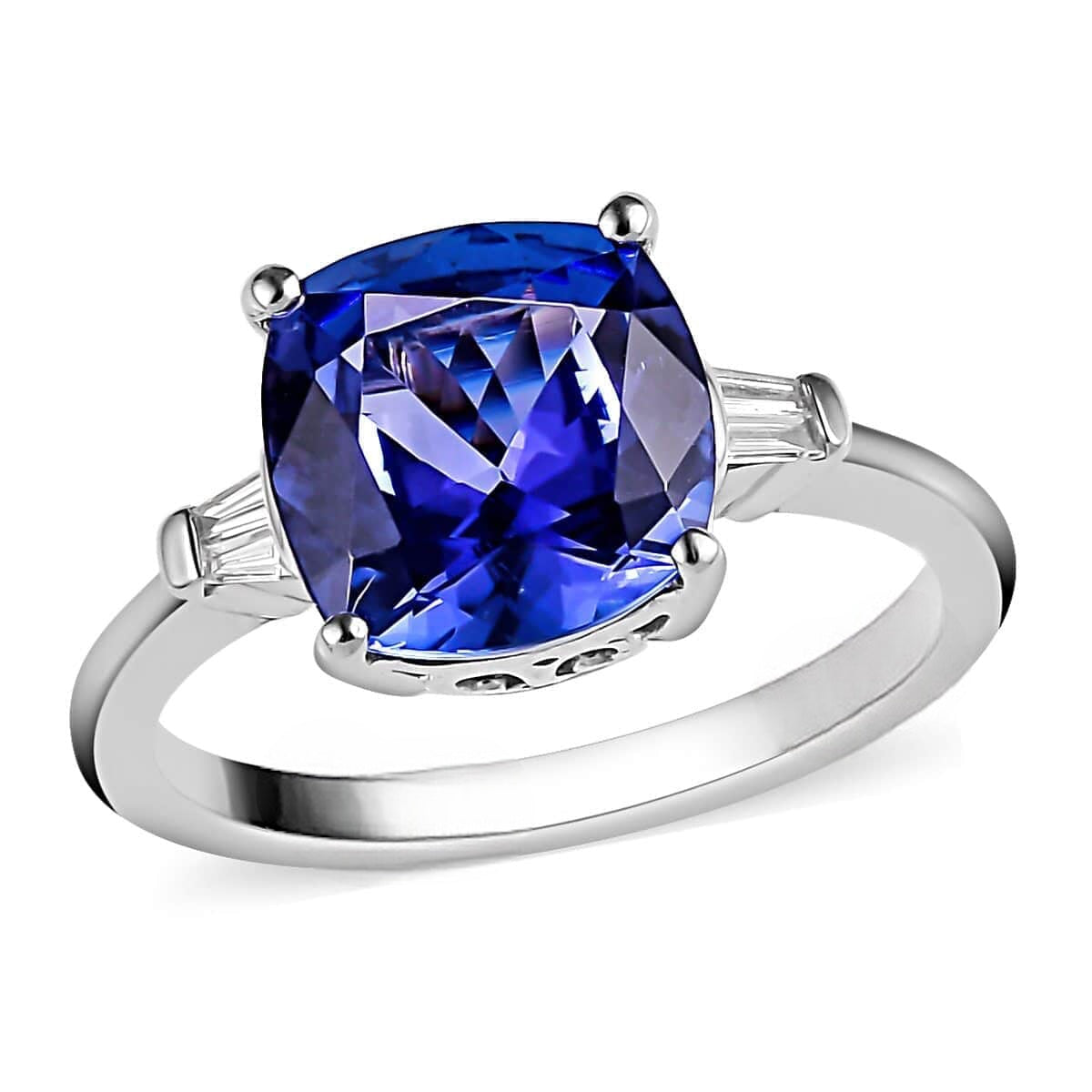 Classic Cushion Tanzanite and Moissanite Three stone ring