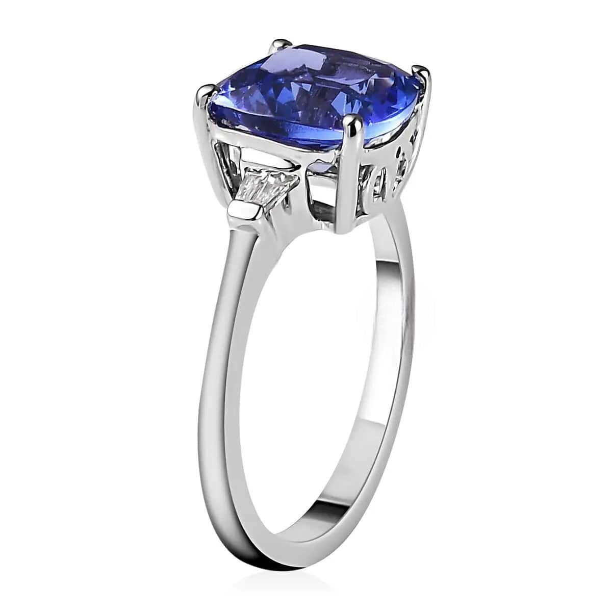 Classic Cushion Tanzanite and Moissanite Three stone ring