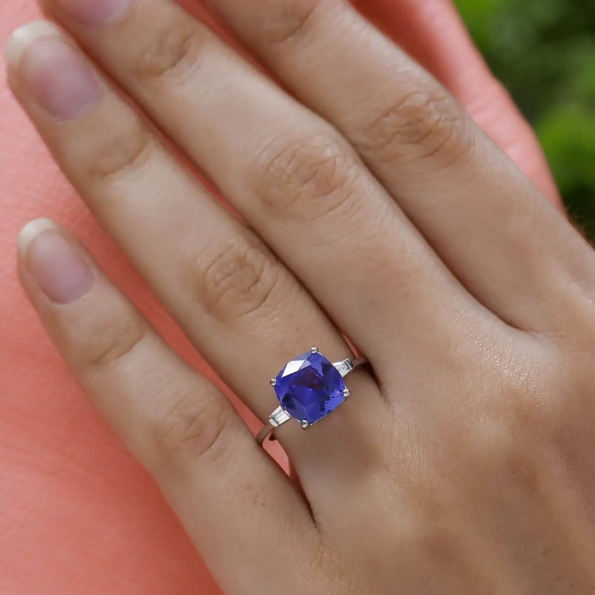 Classic Cushion Tanzanite and Moissanite Three stone ring