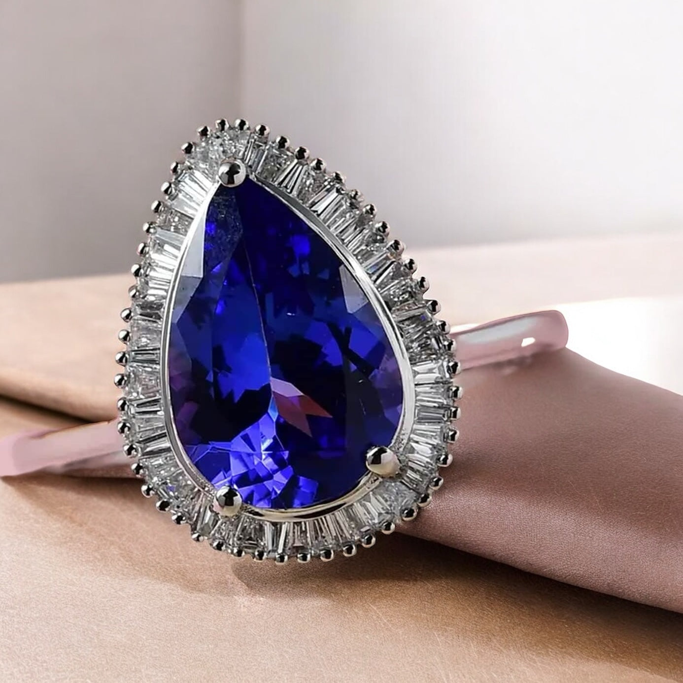 Statement Pear Shaped Tanzanite Moissanite Halo Ring