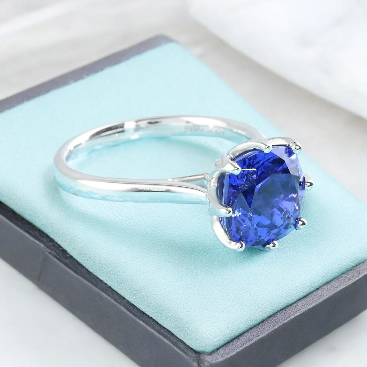 Cushion Shaped Tanzanite Solitaire Ring with Moissanite accents