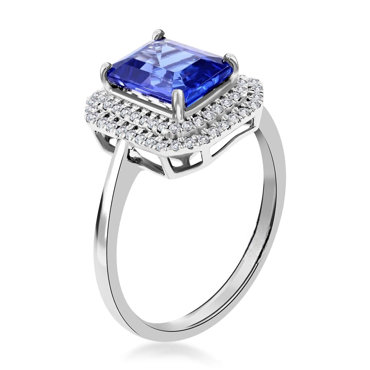 Emerald cut Tanzanite Engagement Ring with Moissanite accent halo