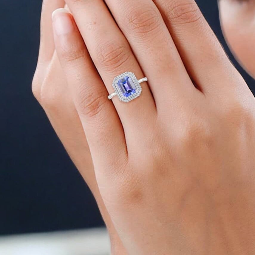 Emerald cut Tanzanite Engagement Ring with Moissanite accent halo