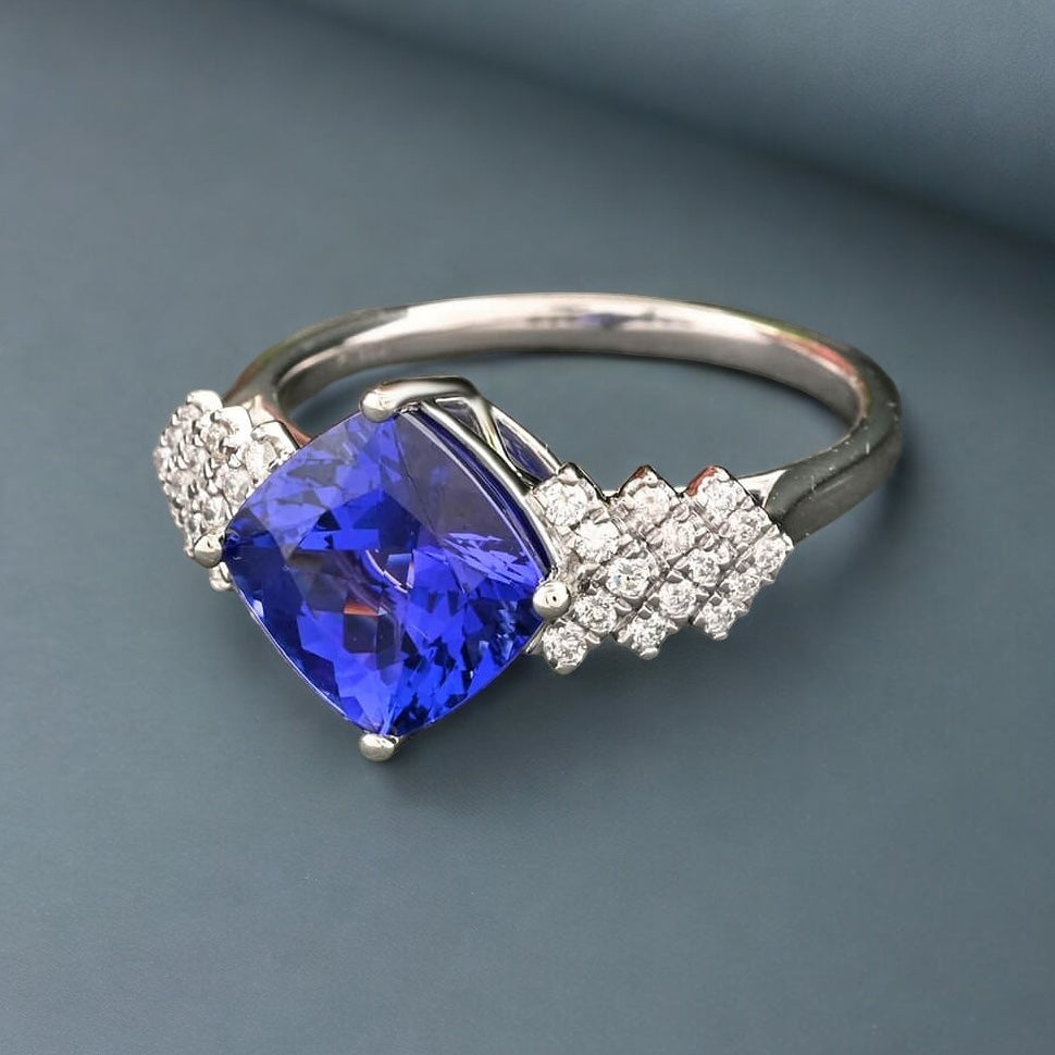 Unique Cushion Cut Tanzanite Moissanite Engagement Ring