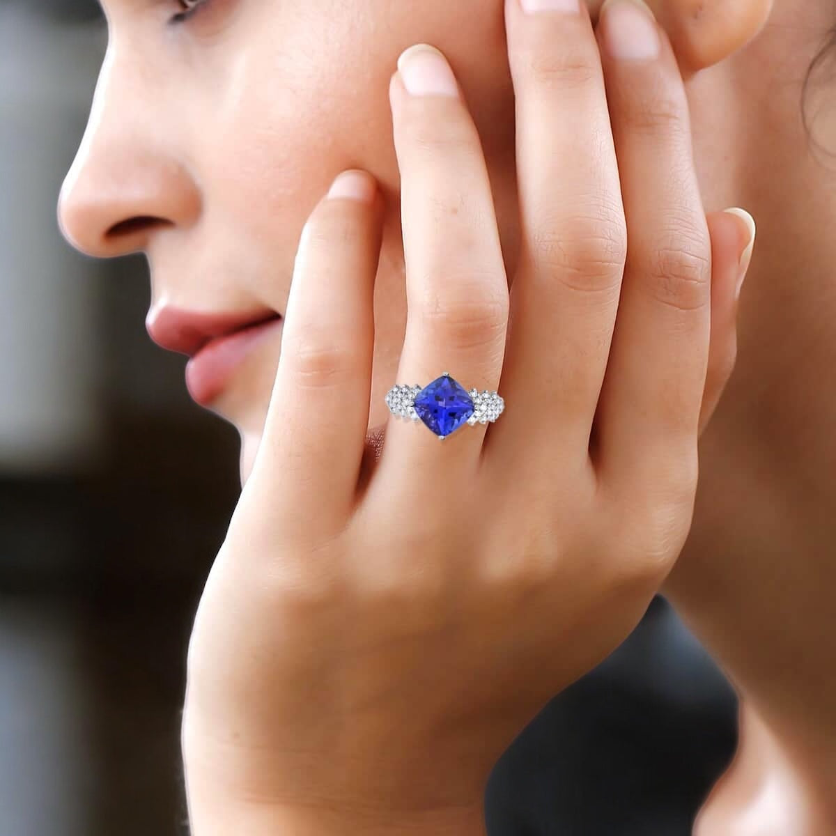 Unique Cushion Cut Tanzanite Moissanite Engagement Ring