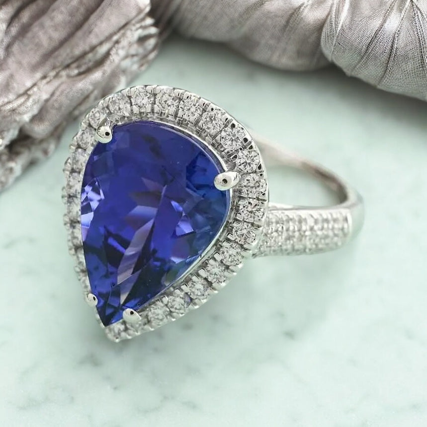 AAAA Pear Tanzanite Ring with Diamond Halo