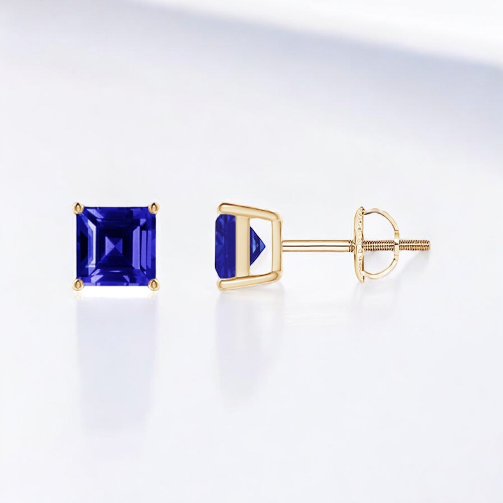 Dainty Basket-Set Square Tanzanite Stud Earrings