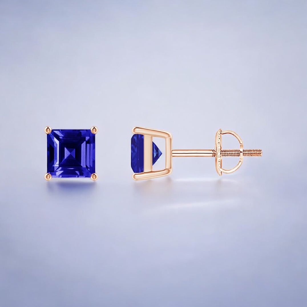 Dainty Basket-Set Square Tanzanite Stud Earrings