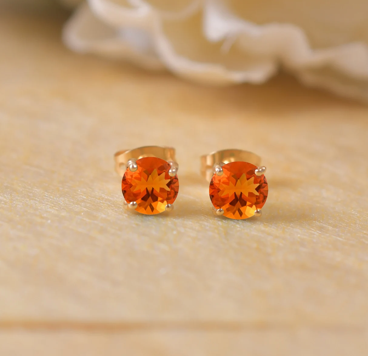 Dainty Mexican Fire Opal studs in 14k Yellow Gold Vermeil