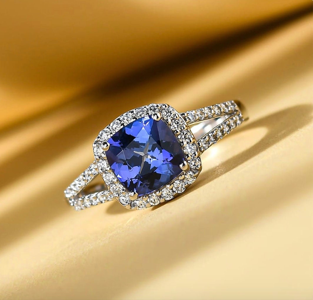 Split Shank Cushion Tanzanite Engagement Ring