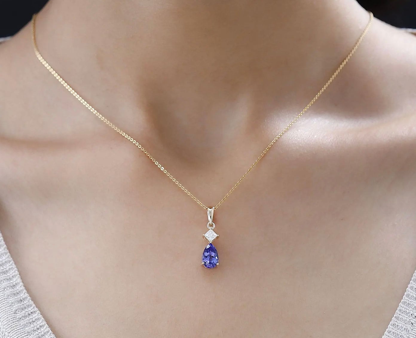 Tanzanite Teardrop Pendant with Moissanite