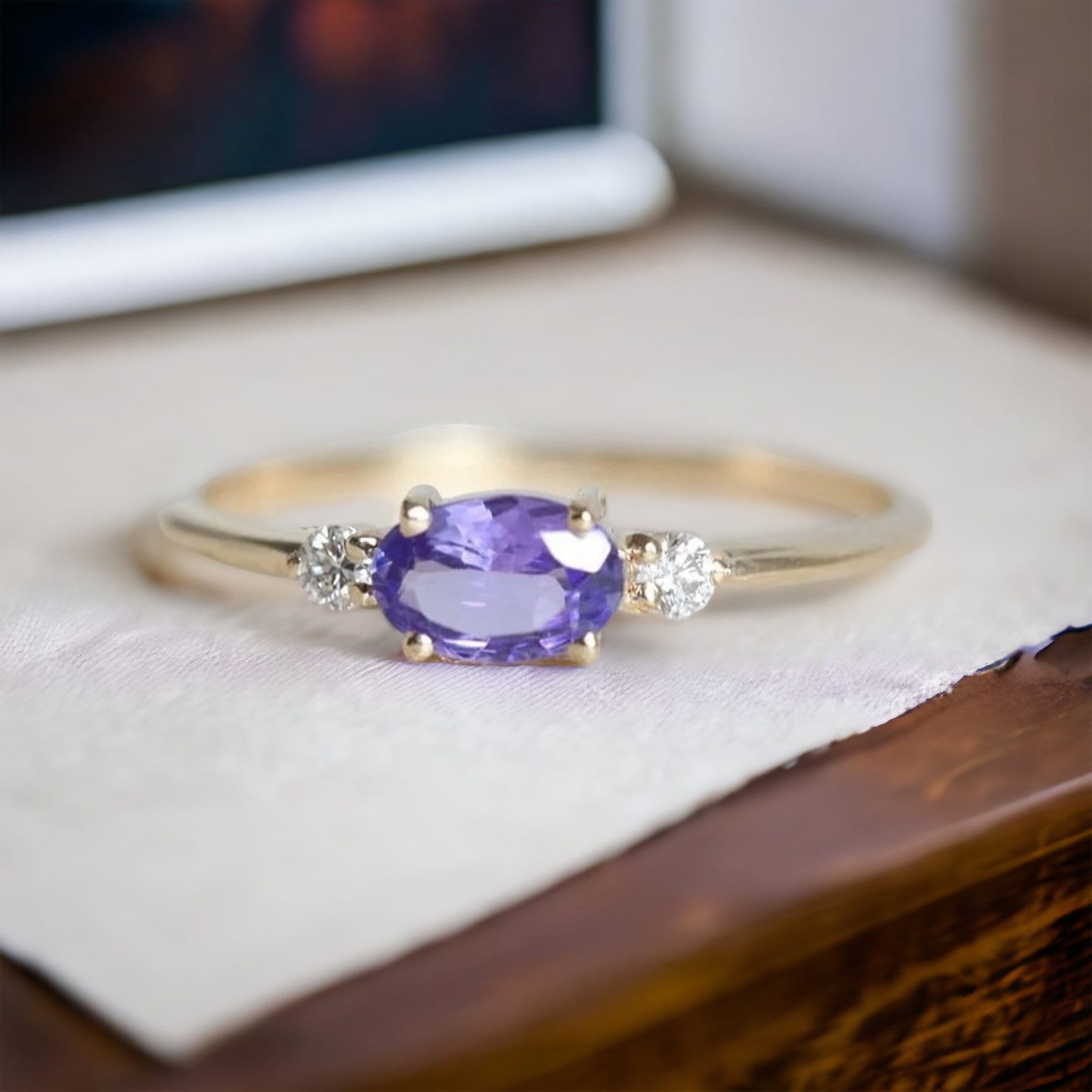 Dainty Tanzanite and Diamond Three Stone Moissanite Ring