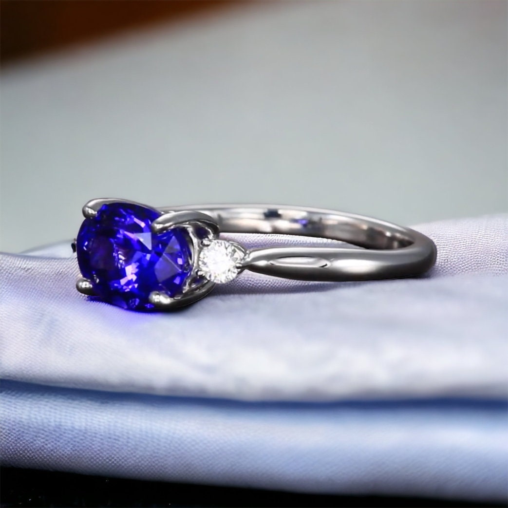 East West Tanzanite and Diamond Three Stone Engagement Ring