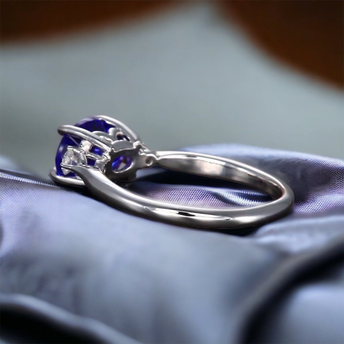 East West Tanzanite and Diamond Three Stone Engagement Ring