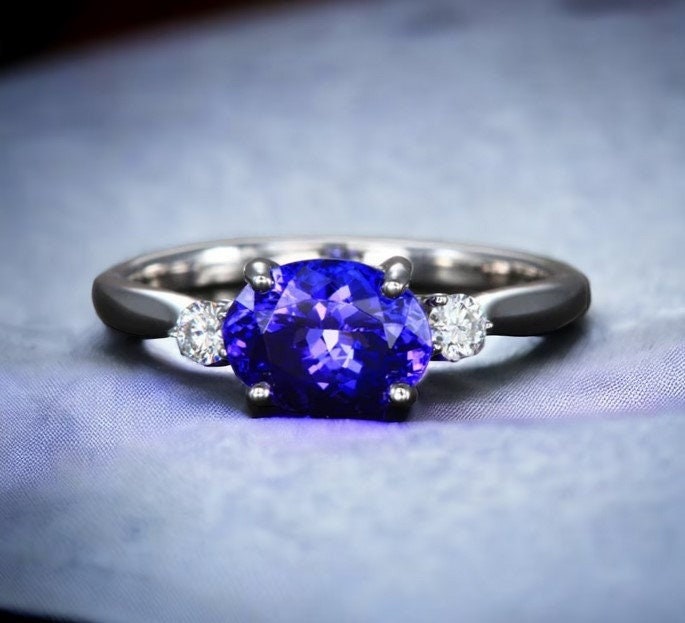 East West Tanzanite and Diamond Three Stone Engagement Ring