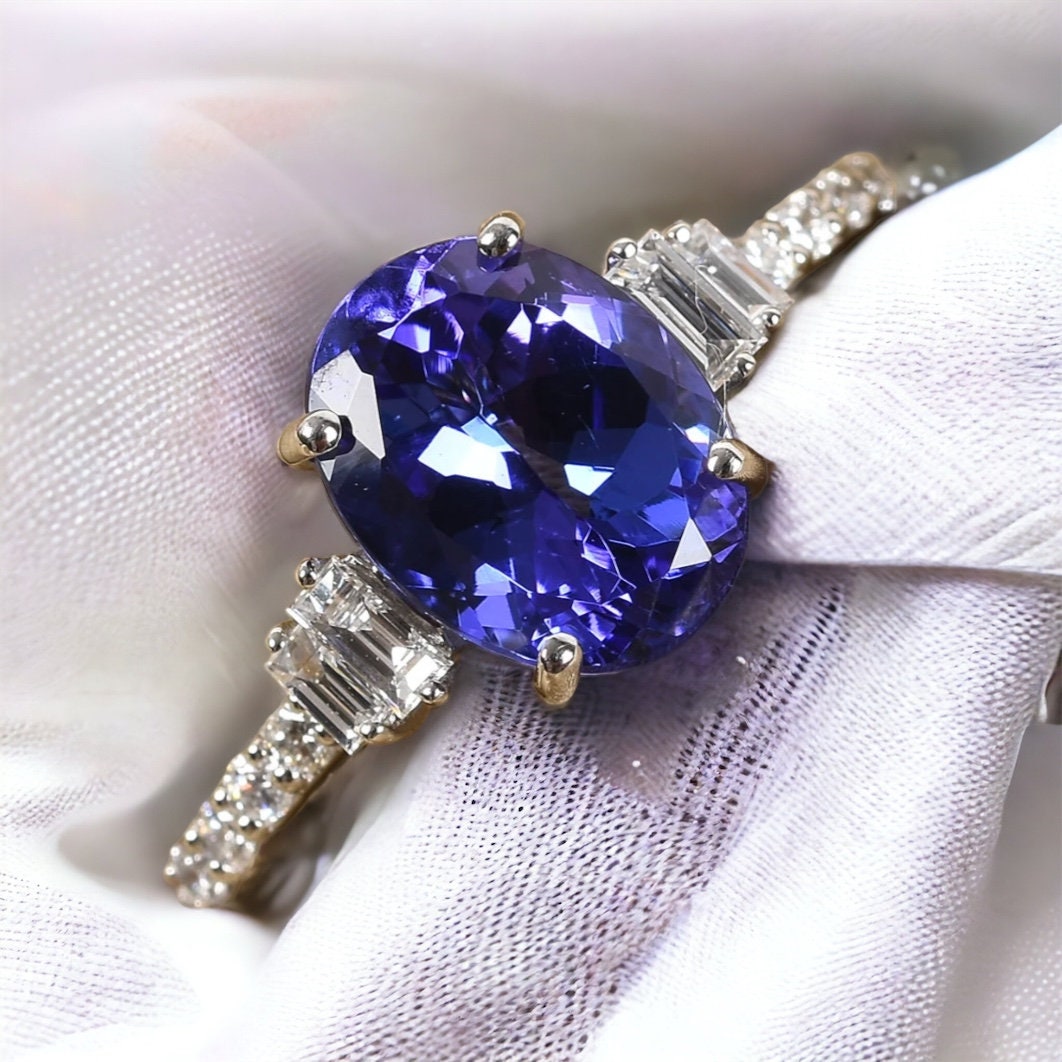 Solitaire Oval Tanzanite and Moissanite Promise Ring