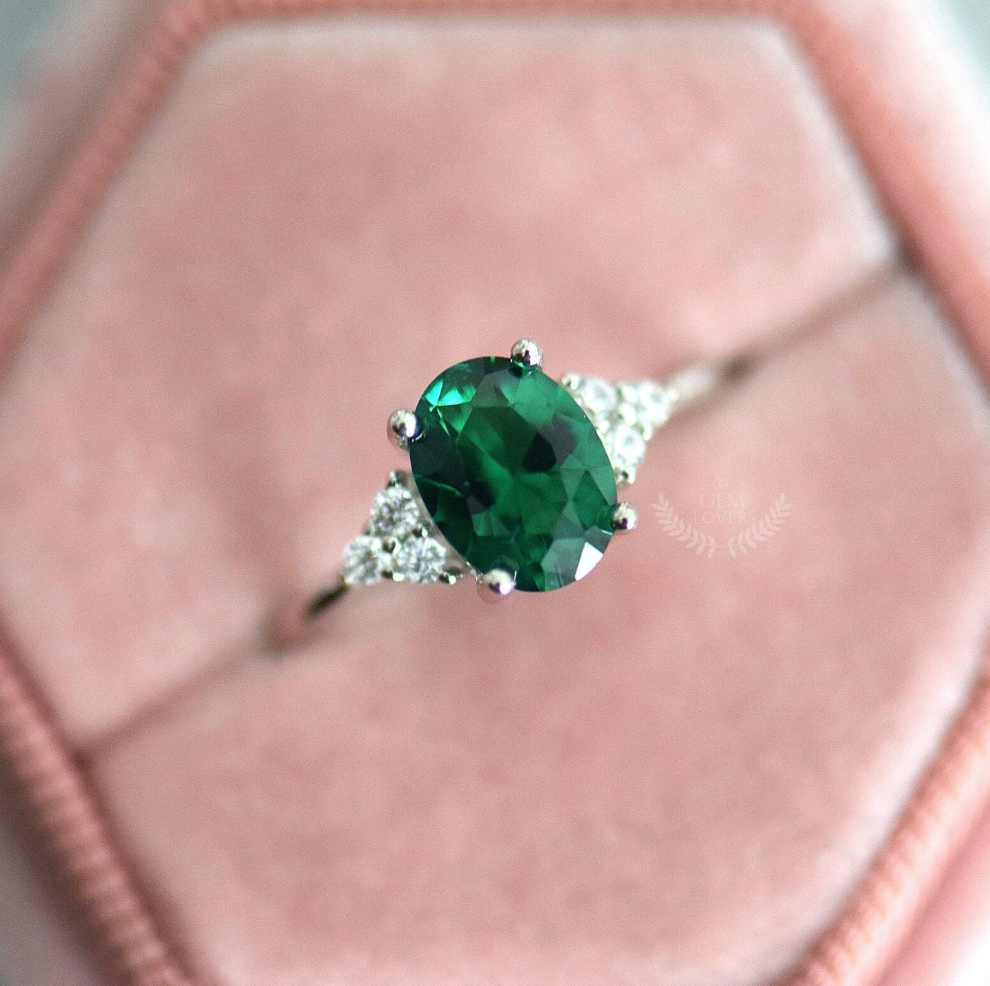 Lab-Grown Solitaire Oval Emerald Ring with Trio Lab Diamond Accents