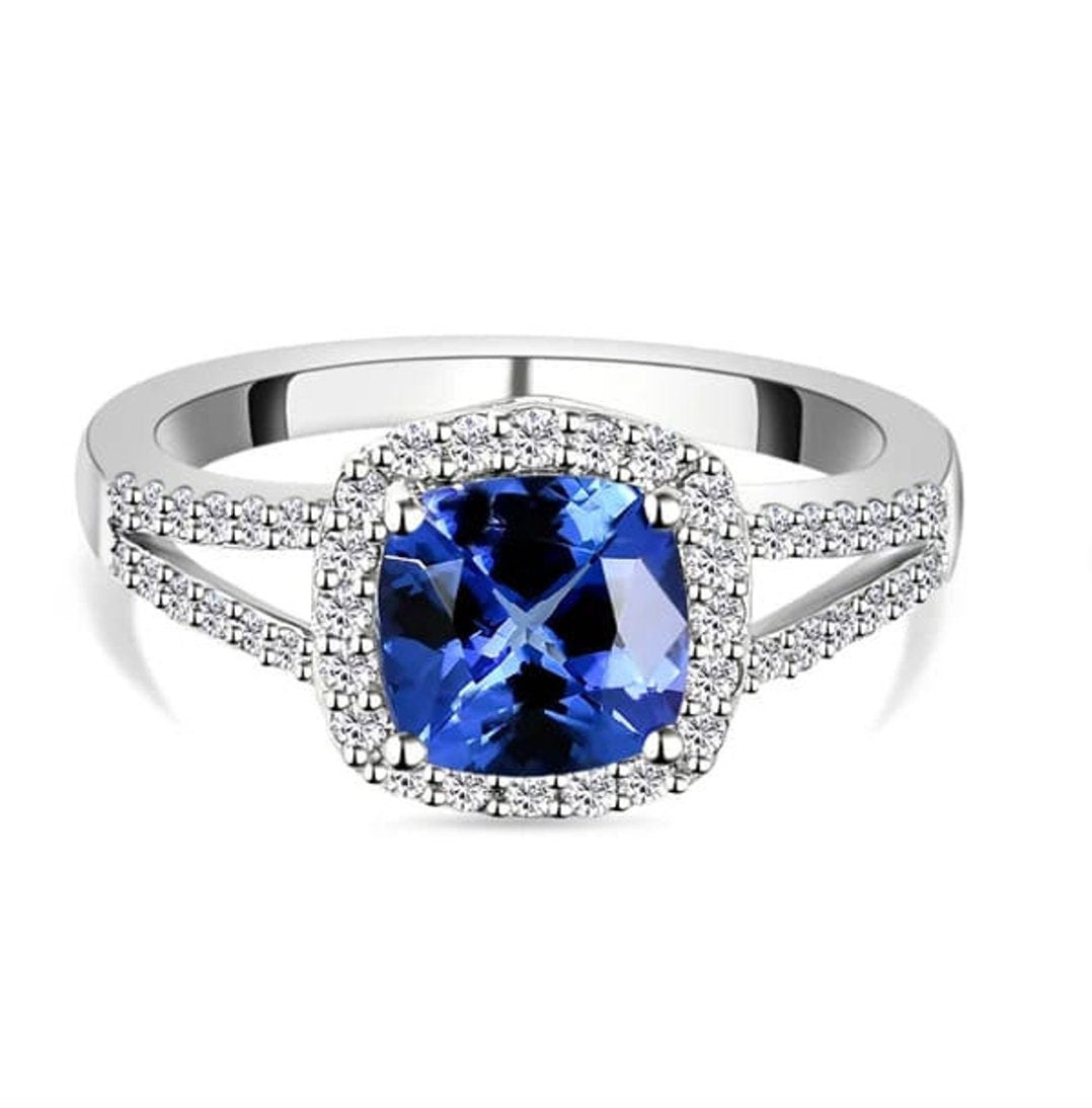 Split Shank Cushion Tanzanite Engagement Ring